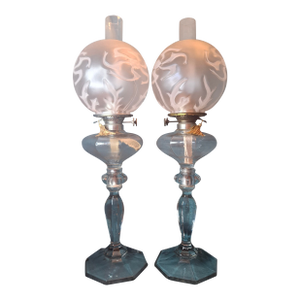 Antique Complete Fostoria No. 17 Glass Kerosene Banquet Lamps Duplex Burner - a Pair