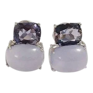 White Gold Double Cushion Earrings with Iolite and Cabochon Chalcedony - A Pair