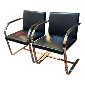 Brueton Cantilever Leather + Chrome Chairs, Pair