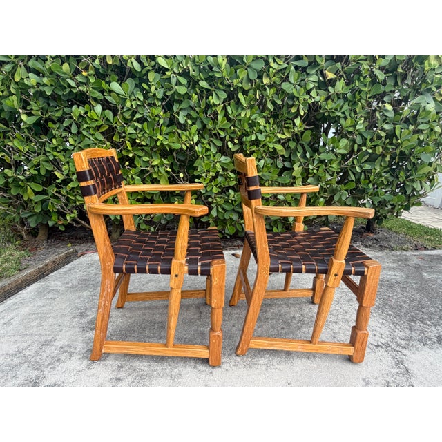 Wood Vintage Mid-Century Ranch Oak Leather Strapped Arm Chairs - A Pair For Sale - Image 7 of 11