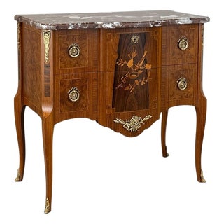 Antique French Louis XVI Marquetry Rouge Marble Top Commode For Sale