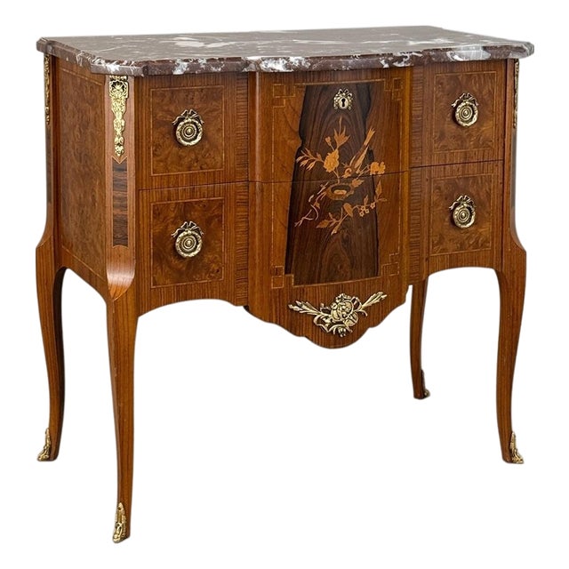 Antique French Louis XVI Marquetry Rouge Marble Top Commode For Sale