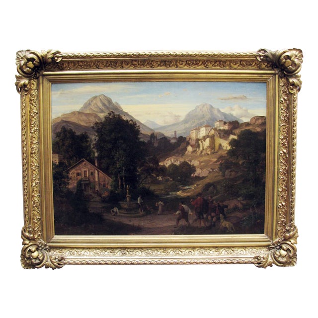 Eduard Cohen, Mountain Landscape with a Game of Bowls, Oil on Canvas, Framed For Sale