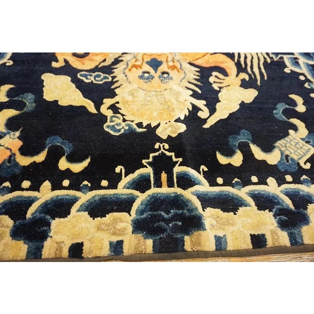 19th Century 1890s Blue Navy Cloud Band Dragon Antique Chinese Ningxia Rug 3' X 3'2" Knotted Wool Carpet For Sale - Image 5 of 13