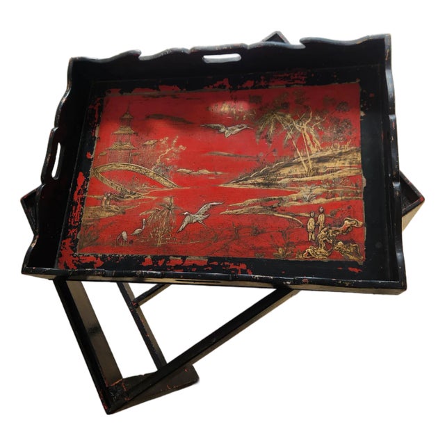 Carved Wood Chinoiserie Black and Red Lacquered Butler's Tray Table For Sale