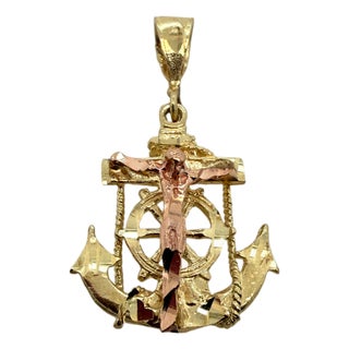 14k Yellow & Rose Gold Religious Anchor Pendant – Christ on Cross – Post 1980 For Sale