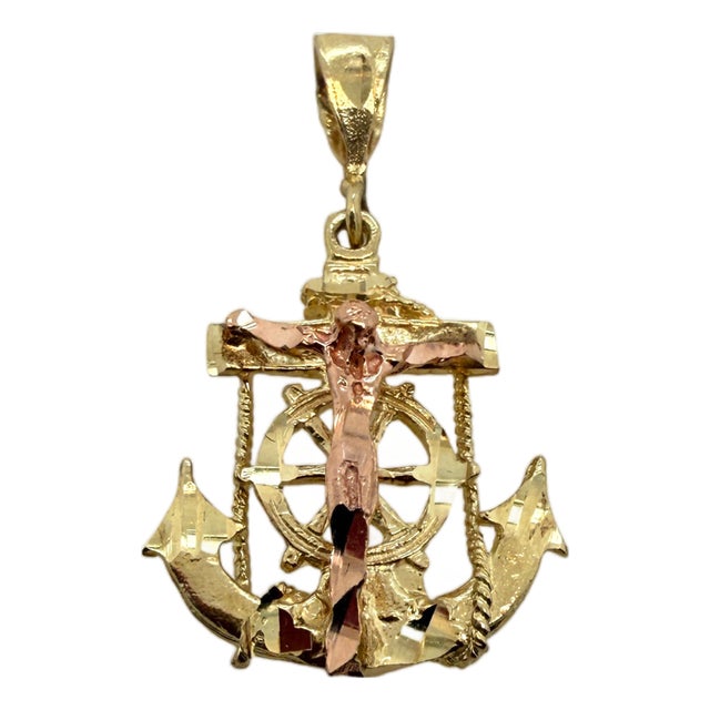 14k Yellow & Rose Gold Religious Anchor Pendant – Christ on Cross – Post 1980 For Sale