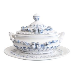 Vintage Italian Blue & White Porcelain Fruit Lidded Sauce Gravy Tureen & Underplate
