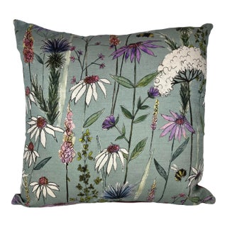 20" Square Decorative Throw Pillow With a Whimsical Mid Century Modern White and Purple Floral Pattern Dotted With Buzzing Bees - Made in the U K For Sale