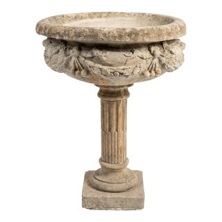 Vintage Neoclassical Cast Stone Garden Urn on Fluted Pedestal For Sale
