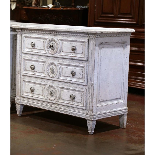 French 19th Century French Louis XVI Carved Painted Commode With Medallion Drawers For Sale - Image 3 of 11