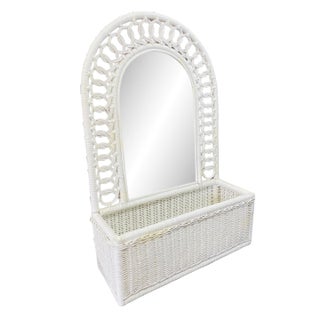 Vintage Wicker Mirror With Pocket Shelf For Sale