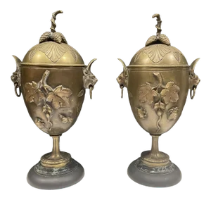 Antique French Bronze Lidded Urns on Marble Base- a Pair