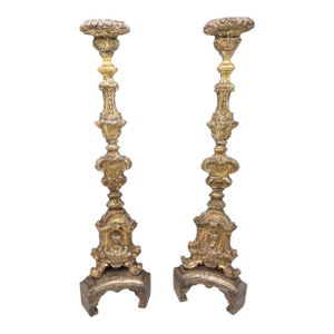 Pair 17th Century Large Italian Baroque Gilded Carved Candlesticks Torchieres