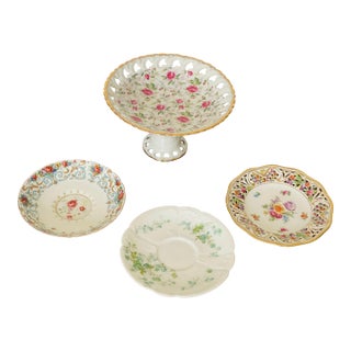 Antque Porcelain CakecStand With Demitasse Plates Handpainted - 4pcs For Sale