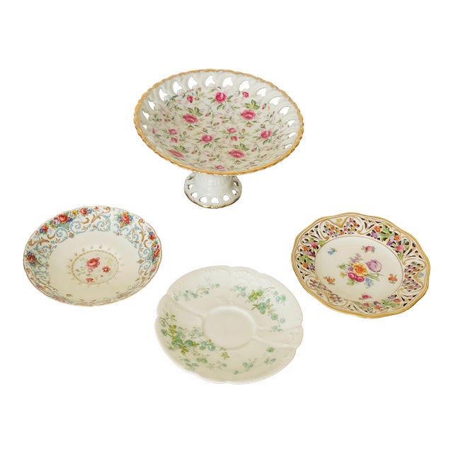 Antque Porcelain CakecStand With Demitasse Plates Handpainted - 4pcs For Sale