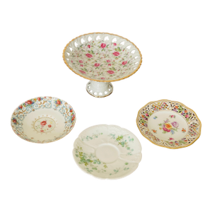 Antque Porcelain CakecStand With Demitasse Plates Handpainted - 4pcs