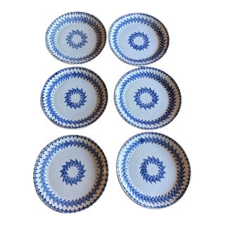 Set of 6 Antique Blue Stick Spatter Fern Plates, 8", Late 19th Century For Sale