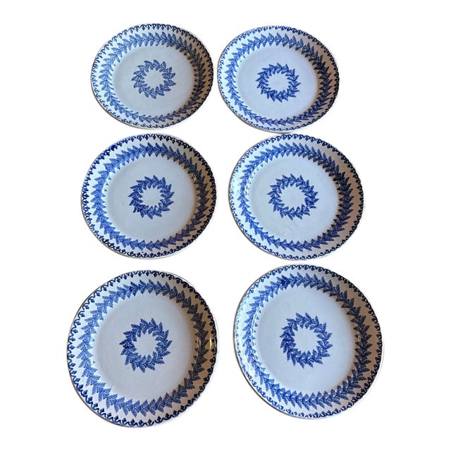 Set of 6 Antique Blue Stick Spatter Fern Plates, 8", Late 19th Century For Sale