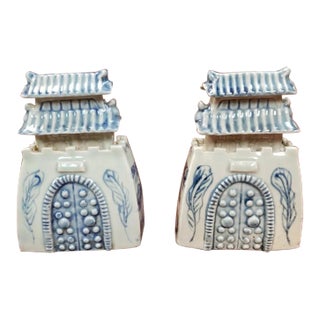Pair of Mid 20th Century Chinese Blue/White Porcelain Watch Tower Figurines For Sale