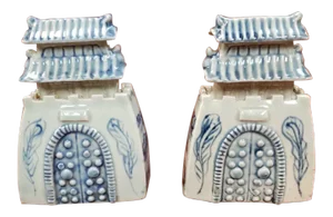 Pair of Mid 20th Century Chinese Blue/White Porcelain Watch Tower Figurines