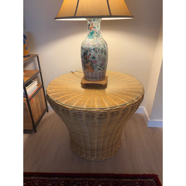 Contemporary Vintage Woven Wicker Pedestal Side Table With Glass Top For Sale - Image 3 of 5
