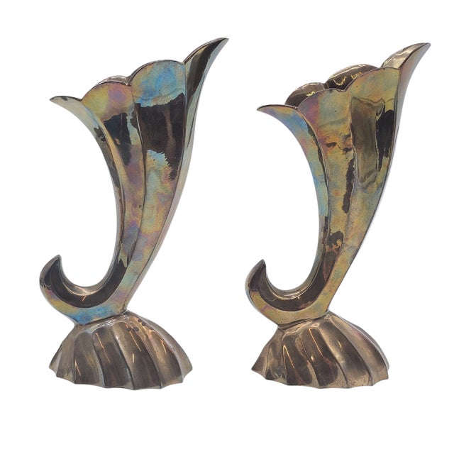 Mid-Century Brass Cornucopia Vases in Art Deco Revival Style, Pair For Sale - Image 4 of 12