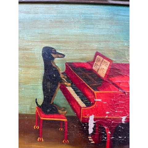 Hollywood Regency Antique Dog Playing Piano Oil Painting For Sale - Image 3 of 13