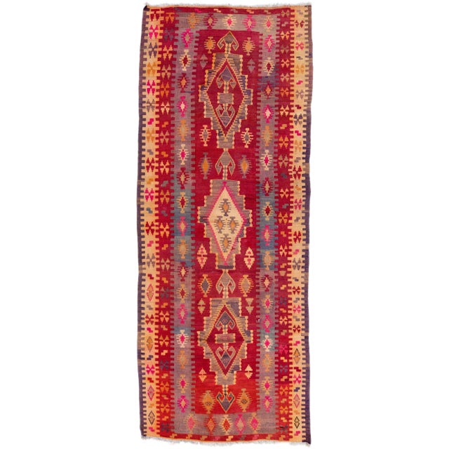 Red Mid-20th Century Turkish Kilim Red Handmade Tribal Wool Runner For Sale - Image 8 of 8