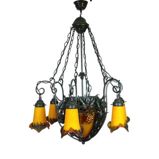 French Wrought Iron Glass Chandelier, 1990s For Sale