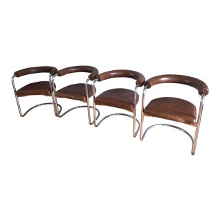 1960s Mid-Century Modern Brown Vinyl Steel Tube Dining Chairs - Set of 4 For Sale