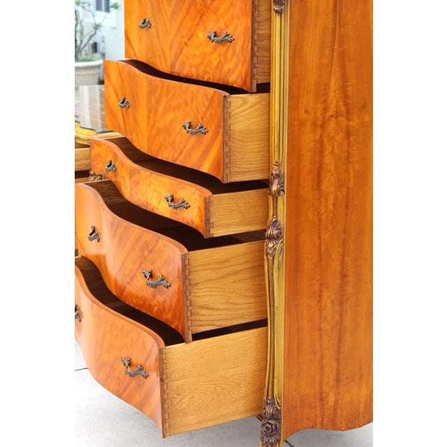 Brown Magnificent Vintage French Provincial Louis XV Rococo Satinwood & Burl Wood Tall Boy Chest For Sale - Image 8 of 16