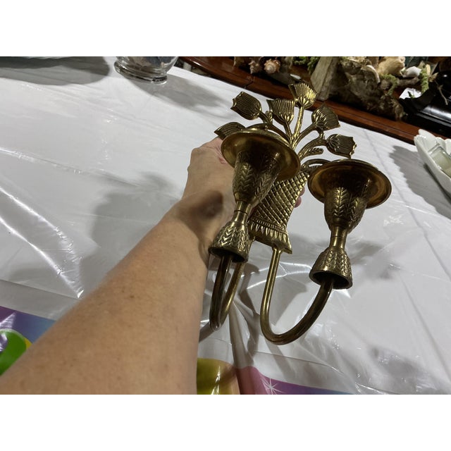 Vintage Brass Floral Basket & Tulip Double Candle Wall Sconce – Made in India For Sale - Image 4 of 4
