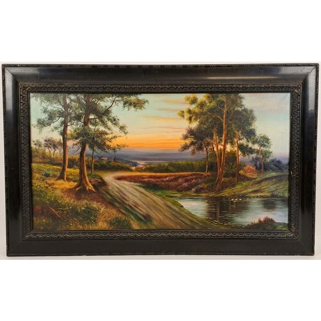 Painting "Hilly Landscape at Sunset with a Stream" – Early 20th Century A charming and evocative oil on canvas painting...