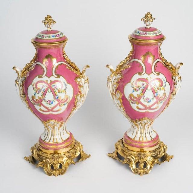 Pair of lidded vases in painted porcelain with gilded bronze mounts, 19th century, napoleon iii. Pair of 19th-century,...