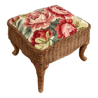 Vintage Floral Needlepoint Fabric Wicker Stool For Sale