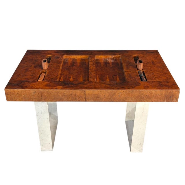 Karl Springer Burlwood and Chrome Backgammon Table, 1980’s. Measures 48” long 30” deep 29” tall