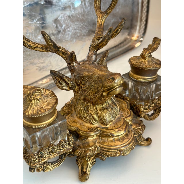 19th Century French Dore Gilt Gold Metal Double Inkwell Set