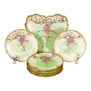 Late 1900s Antique French Victorian Hollywood Regency Limoges Pink Wisteria Dessert Plates and Platter - Set of 7