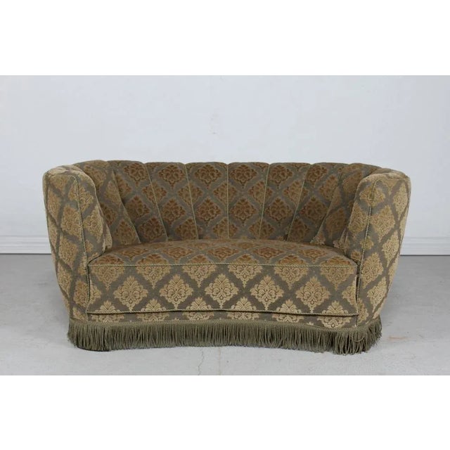 Danish Art Deco Curved Sofa with Green Floral Velour Upholstery, 1950s For Sale - Image 12 of 12