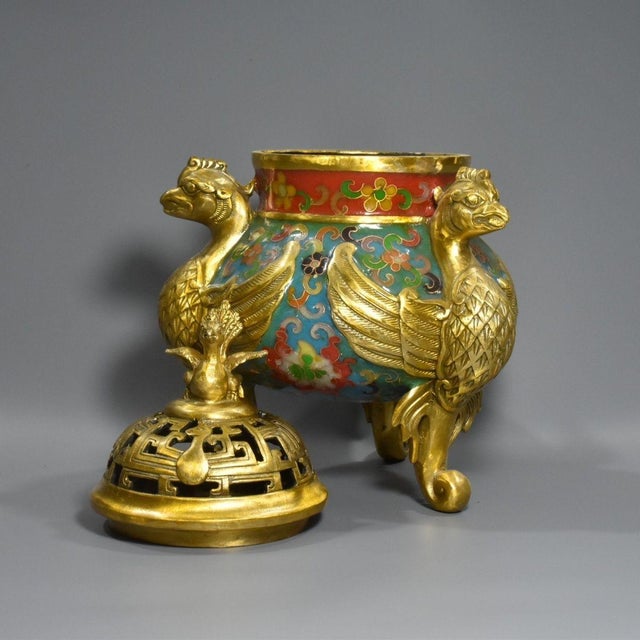 Pure Copper Cloisonne Filigree Flying Beast Incense Burner Censer - Gilt Gold Body With Colored Enamel For Sale In Los Angeles - Image 6 of 9