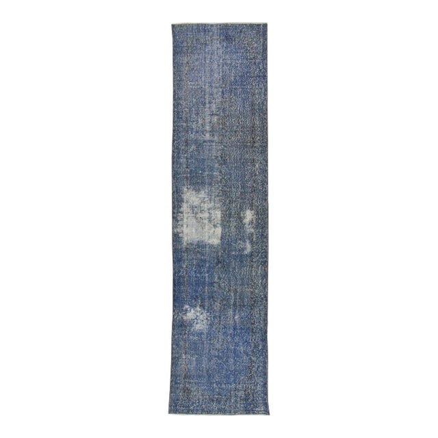 Vintage Turkish Blue Overdyed Runner Rug - 2′11″ × 12′ For Sale