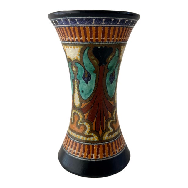 Antique 1920s Dutch Schoonhoven Gouda Art Pottery Hourglass Vase For Sale