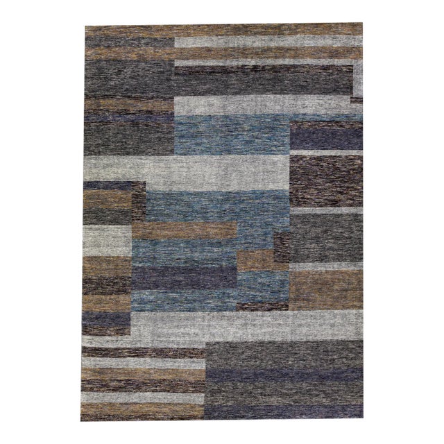 Modern Apadana's Safi Collection Handmade Earthy Tone Abstract Designed Wool Rug For Sale