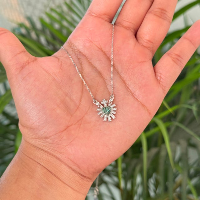 Contemporary Celestial 14k White Gold Emerald Diamond Sacred Heart Cross Pendant Necklace For Sale - Image 3 of 15