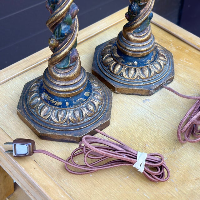 Antique Hand Carved Giltwood Barley Twist Table Lamps - a Pair For Sale - Image 10 of 12