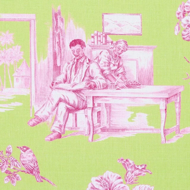Traditional Sample - Schumacher x Victor Glemaud Toussaint Toile Fabric in Pink & Green For Sale - Image 3 of 5
