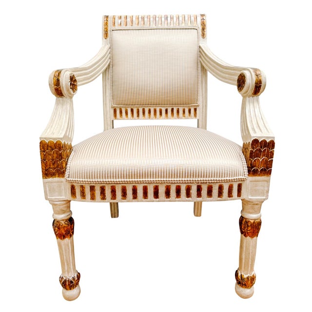 Neoclassical Early 20th Century Vintage Italian Neoclassical Gilt & Painted Armchair Fauteuils With Rosette Carvings - A Pair For Sale - Image 3 of 18