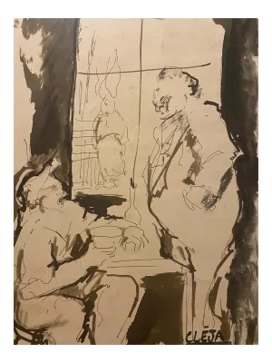 Ana Cleja - Meeting - Original Ink and Watercolor - 20th Century