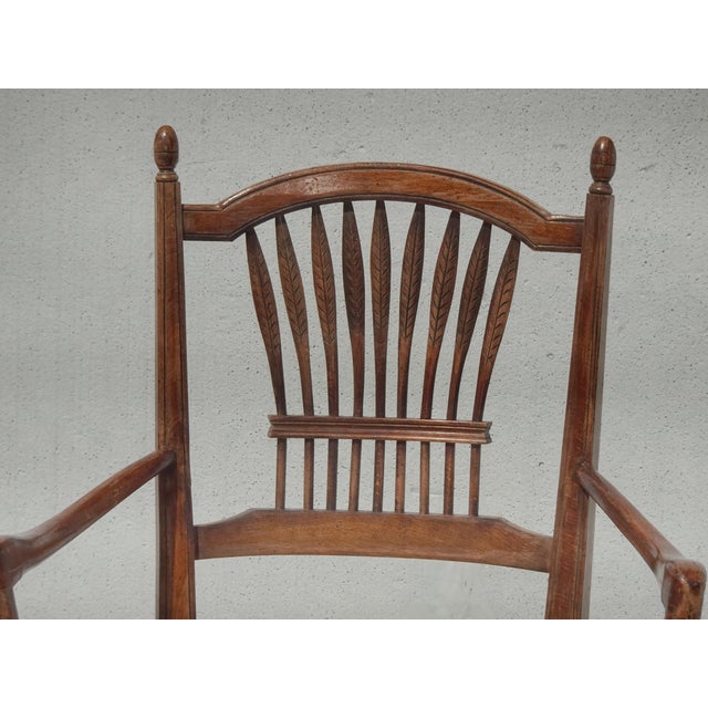 Pair of Vintage Rustic French Country Rush Seat Wheat Sheaf Arm Chairs ~ Dark #3 For Sale - Image 4 of 16